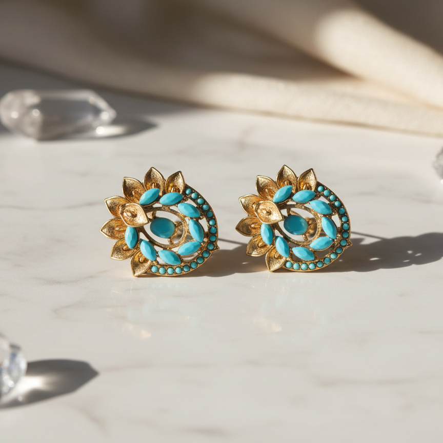 Turquoise Floral Stud Earrings - Gold Tone Statement Studs with Blue Stones