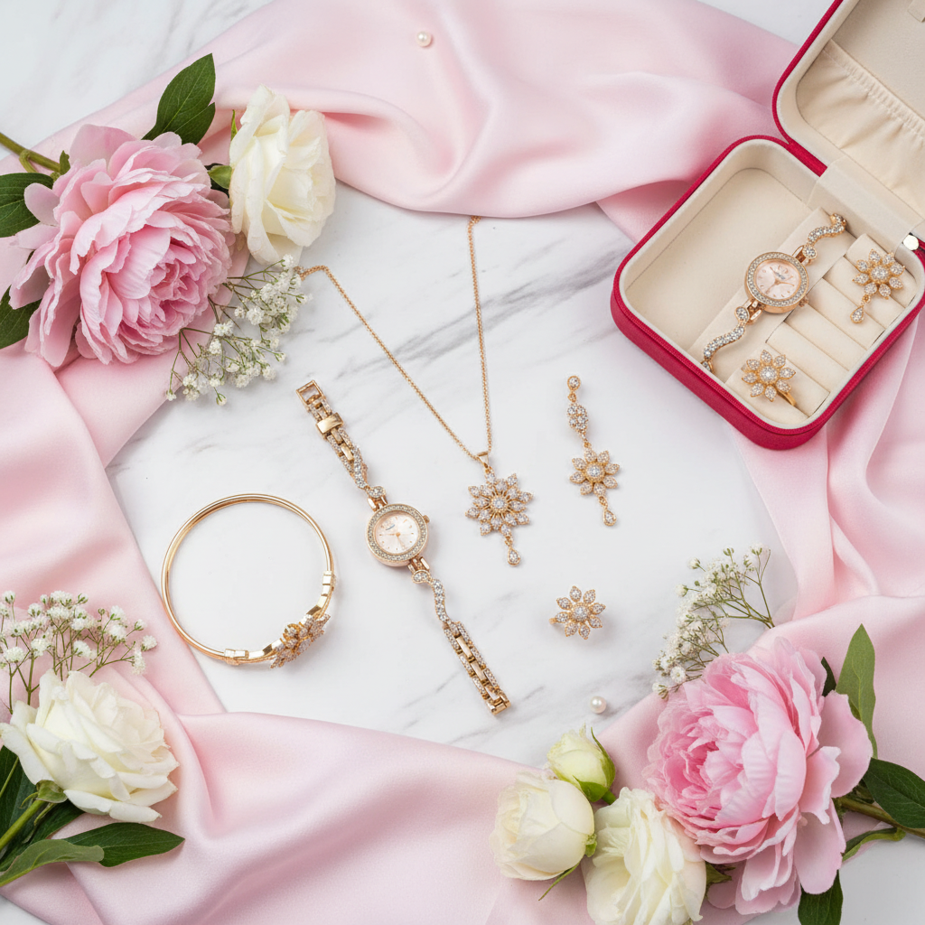 Premium Gift Jewelry Set with Real Watch - 6 Piece Bridal Collection