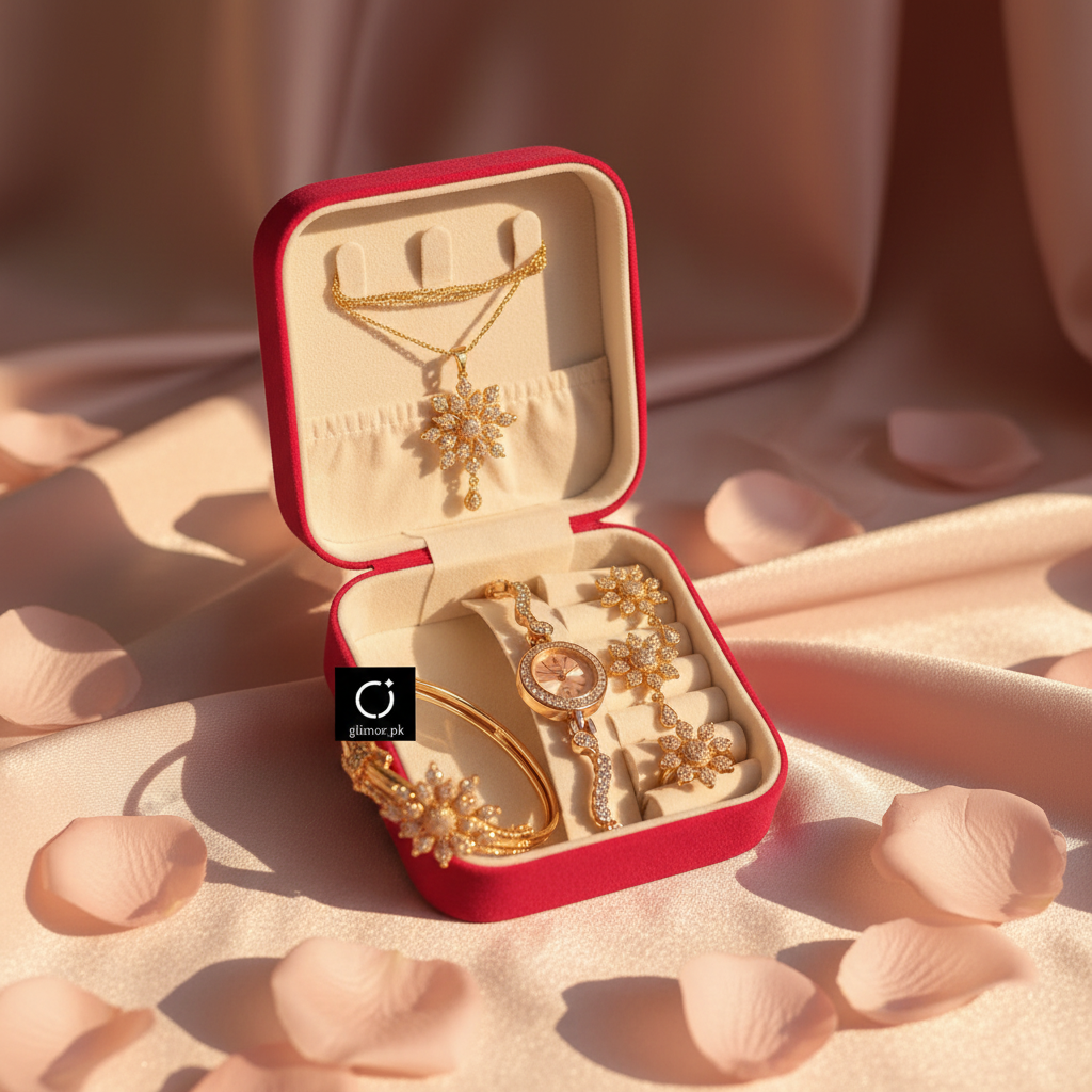 Premium Gift Jewelry Set with Real Watch - 6 Piece Bridal Collection