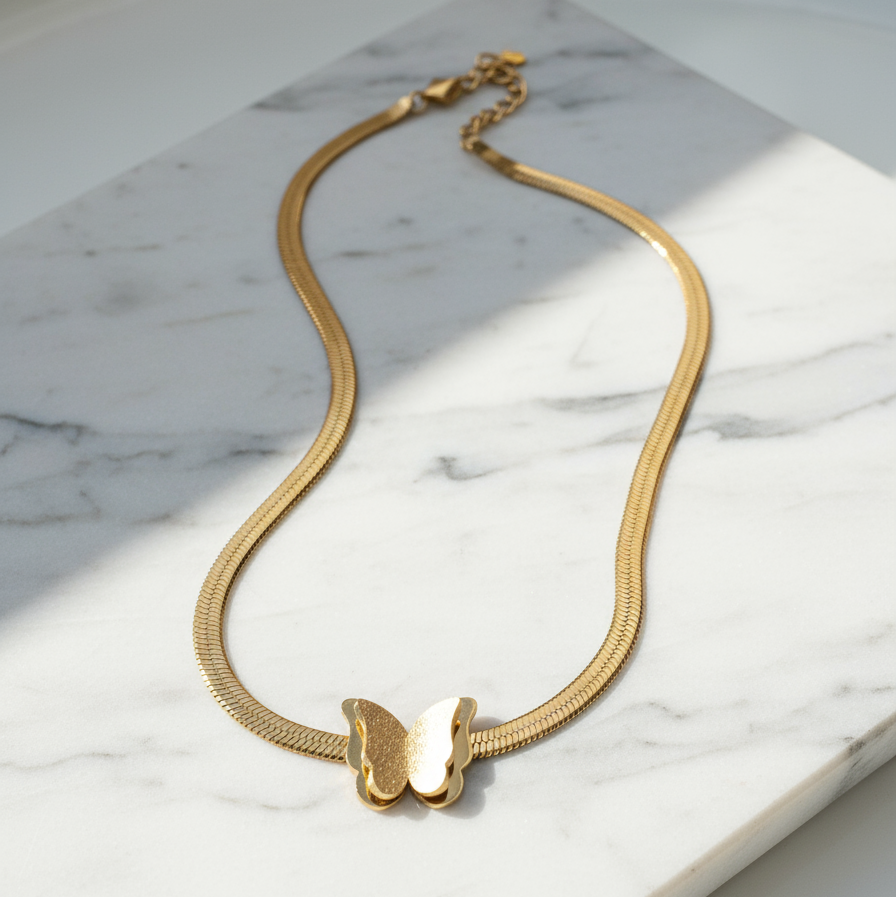 Gold Butterfly Necklace - Herringbone Chain Pendant