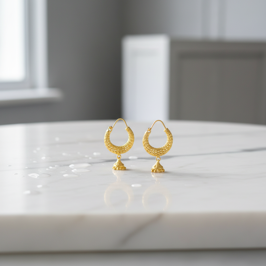 Gold Hoop Earrings with Drop - Textured Mesh Design Traditional Earrings