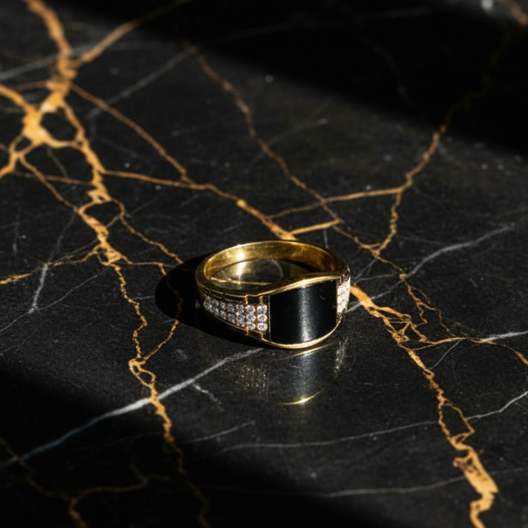 Opulent Black Ring - Gold-Plated with Crystal & Pearl Accents