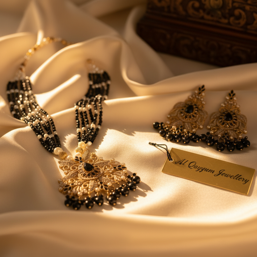Black & White Bridal Jewelry Set with Matha Patti - Gold Filigree Pearl & Bead