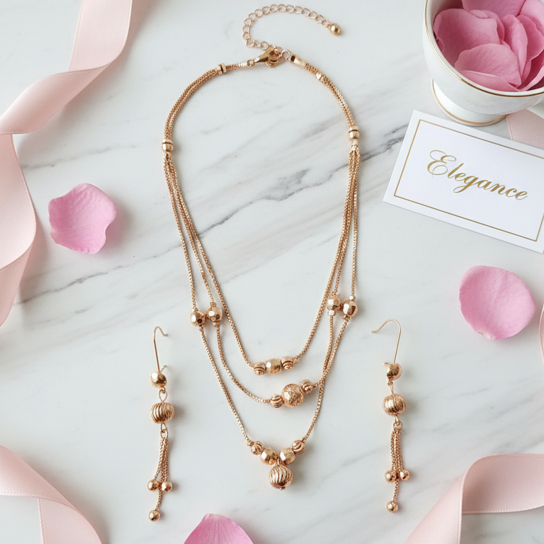 Rose Gold Triple Layered Necklace Set with Tassel Earrings & Textured Beads