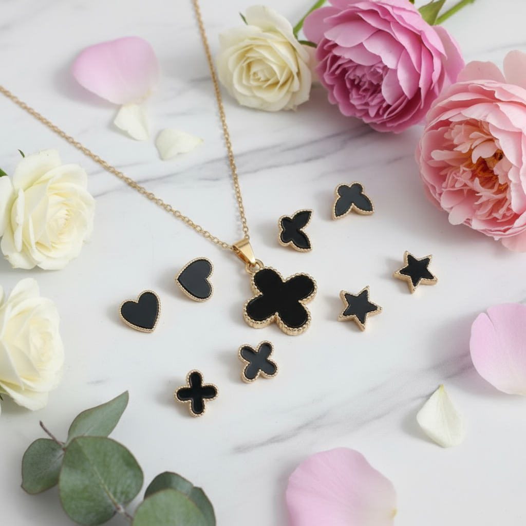Black Clover Jewelry Set - Gold Necklace & Earrings Collection