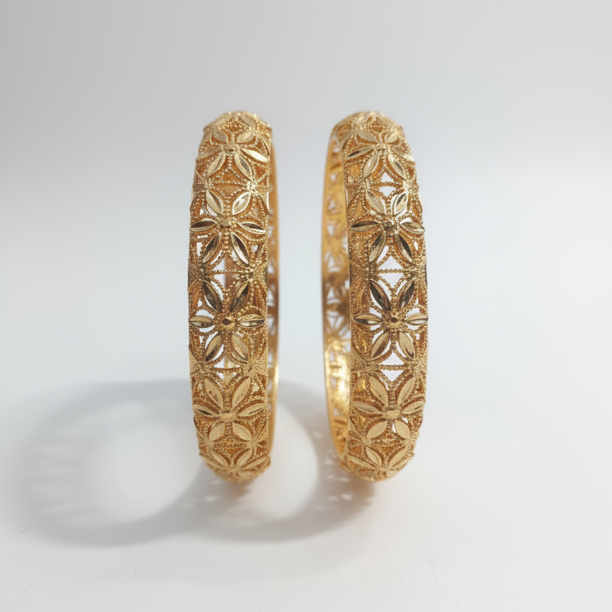 Ornate Gold Floral Carved Bangles Pair
