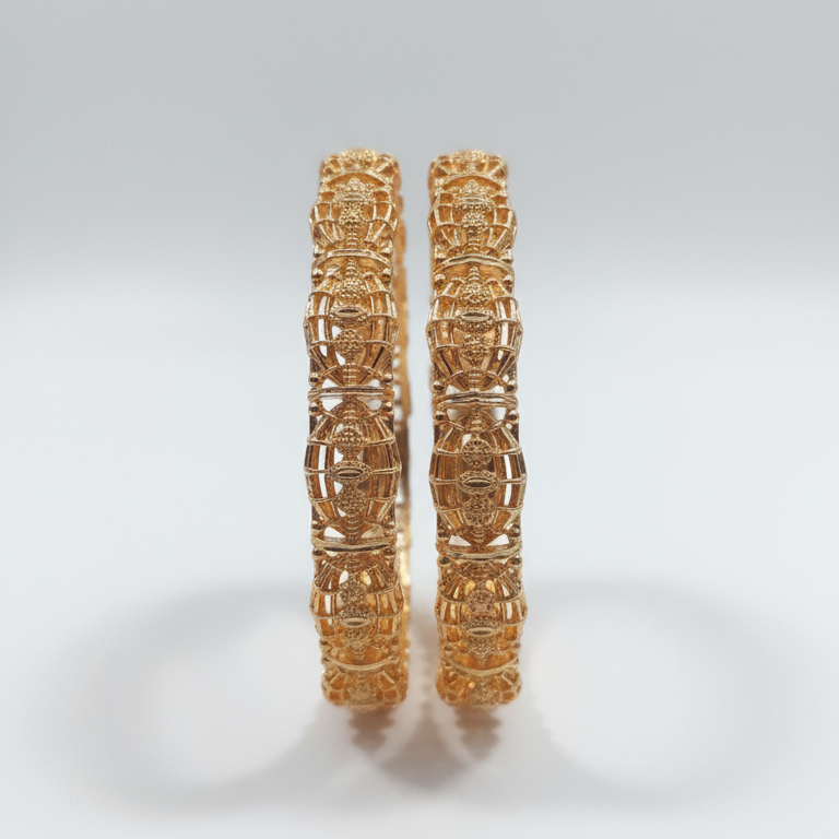 Ornate Carved Gold Bangles Pair - Intricate Geometric Bridal Jewelry