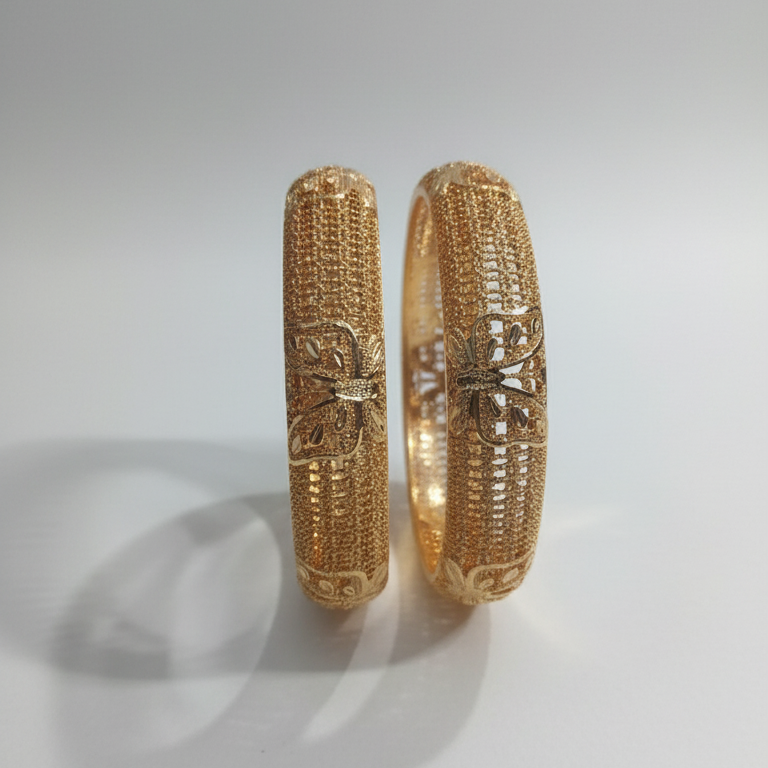 Textured Gold Mesh Bangles Pair with Floral Accents - Bridal Jewelry