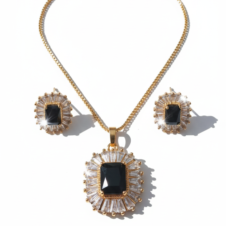Black Stone Jewelry Set with Crystal Accents