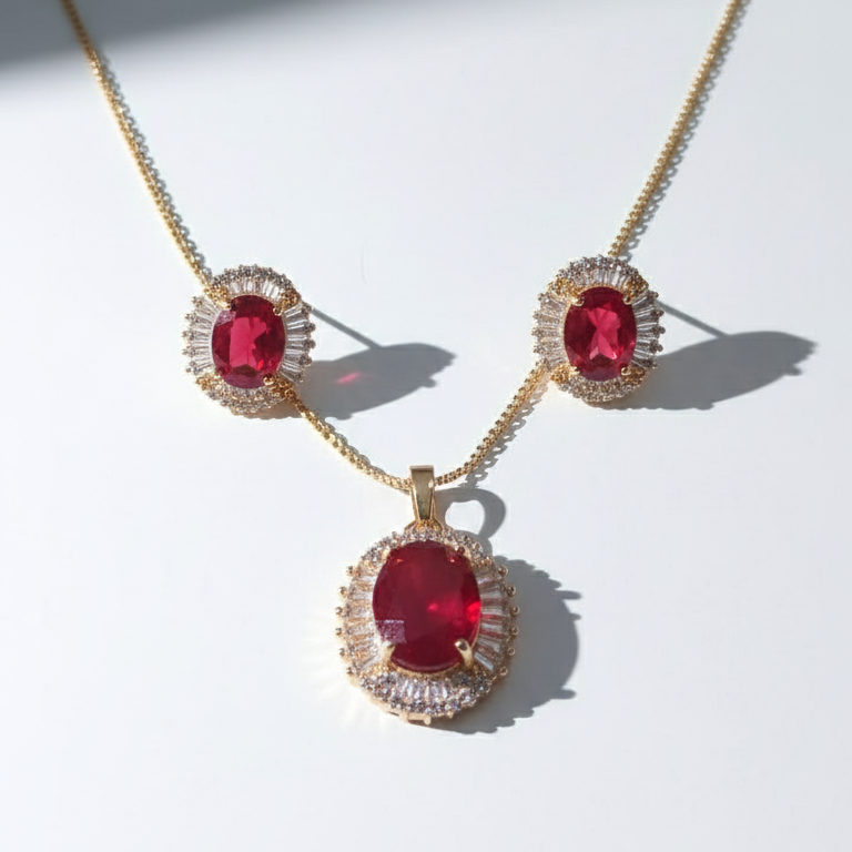 Red Stone Jewelry Set with Crystal Accents