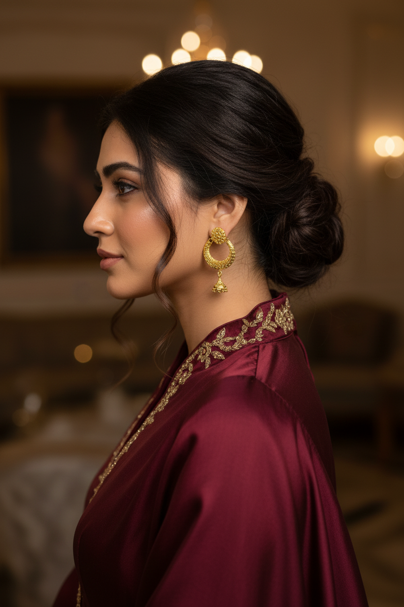 Gold Hoop Earrings with Drop - Textured Mesh Design Traditional Earrings