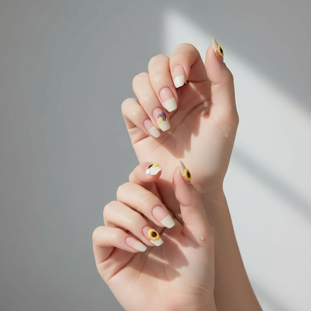 Floral Press-On Nails Set - 24 Pieces Sunflower Design