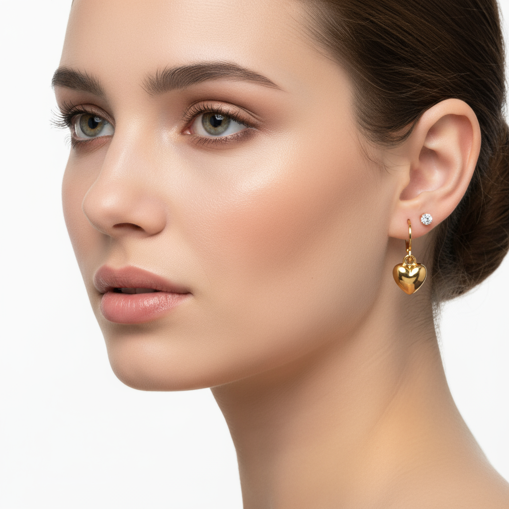 Gold Heart Hoop Earrings Set with Crystal Studs - 3 Pairs