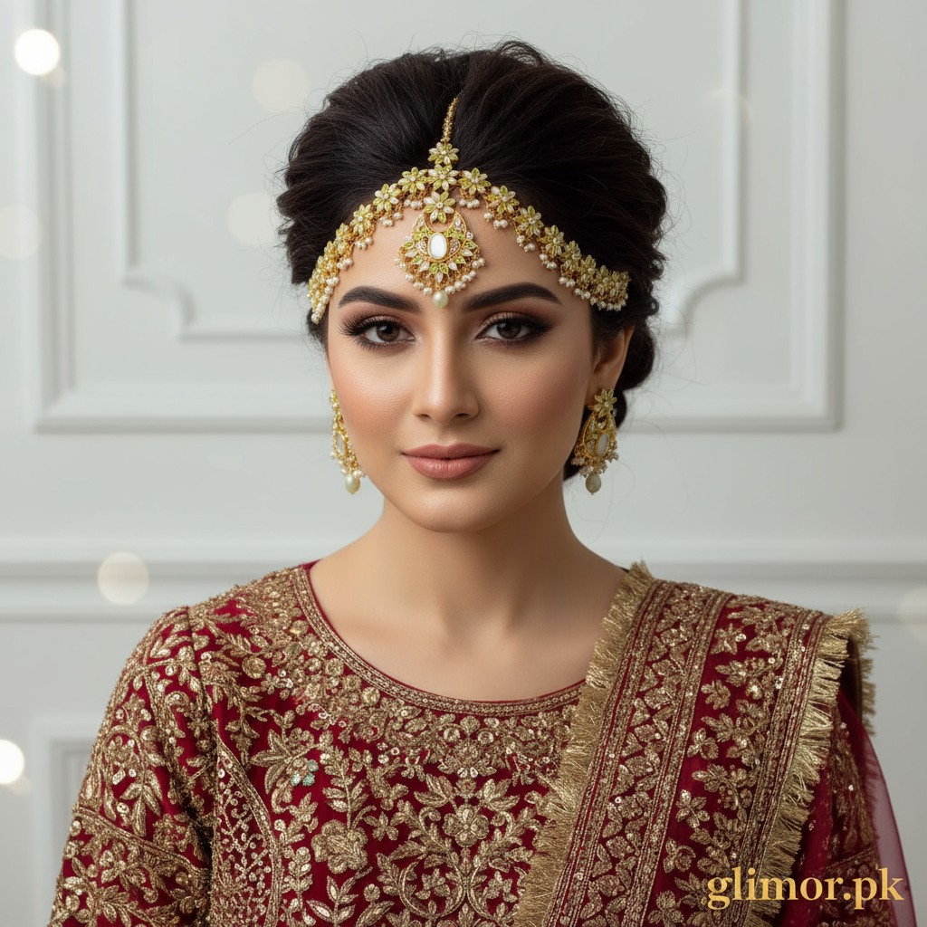 Elegant Pearl & Green Stone Matha Patti