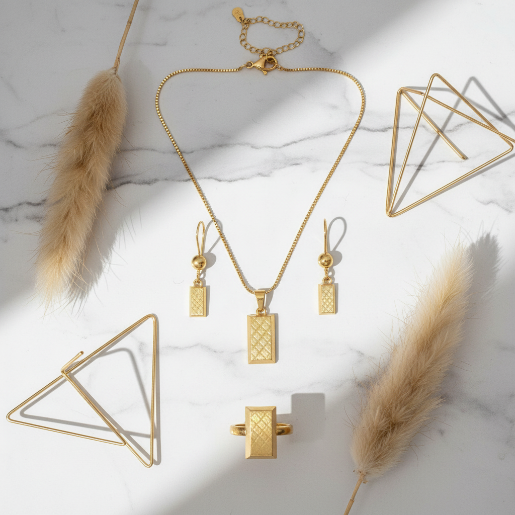 Gold Geometric Pendant Necklace with Earring & Ring Set
