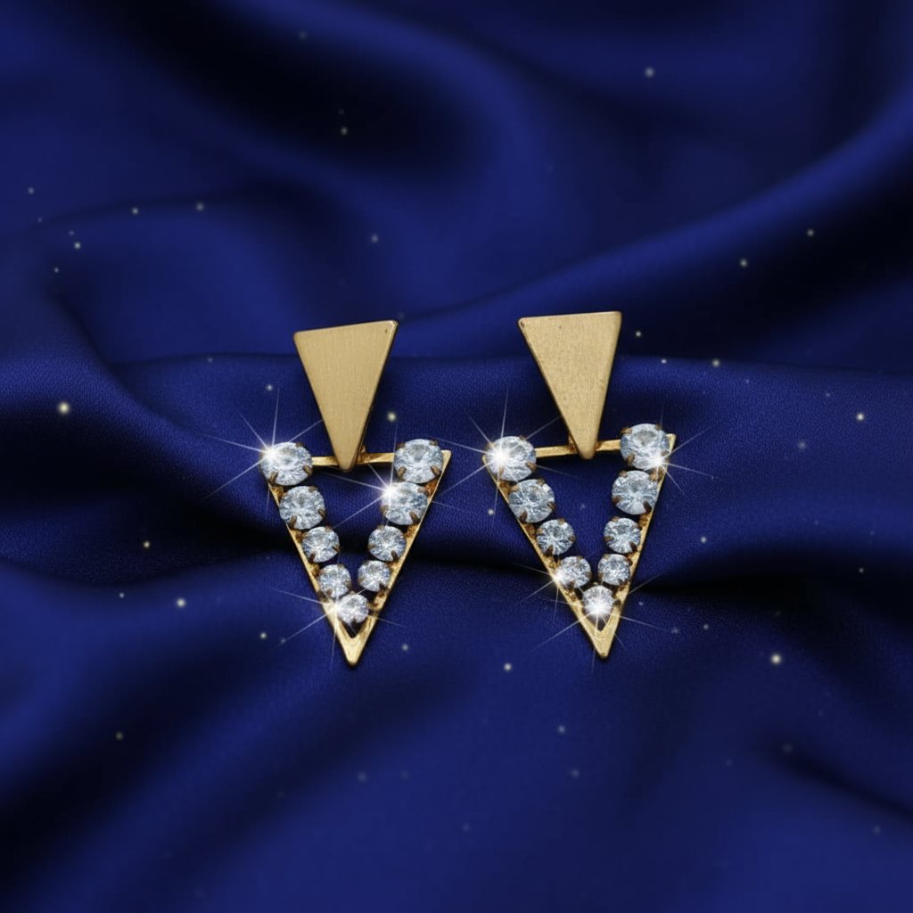 Gold Triangle Earrings with Crystal Rhinestones - Statement Drop Earrings for Women