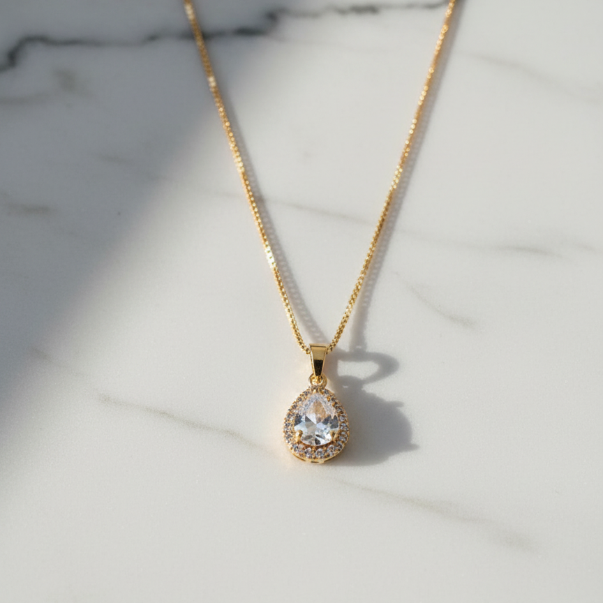 Gold Teardrop Crystal Pendant Necklace - Delicate Chain Necklace