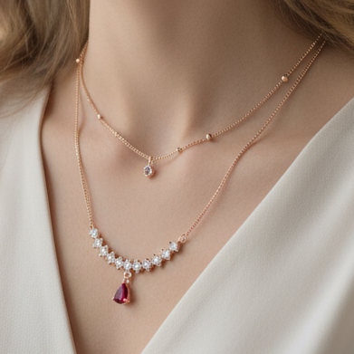 Double-Layer Crystal Crescent Necklace with Teardrop Pendant