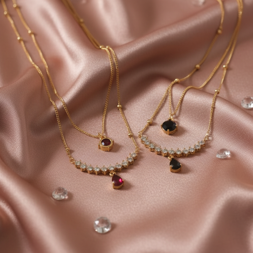 Double-Layer Crystal Crescent Necklace with Teardrop Pendant