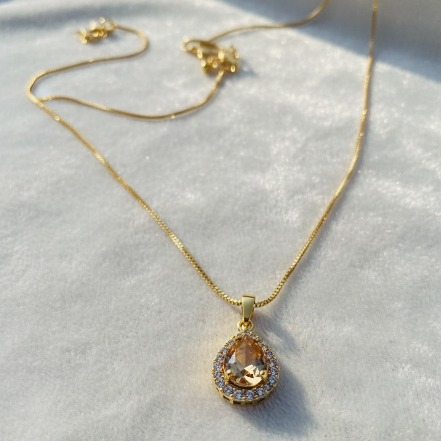 Gold Teardrop Crystal Pendant Necklace - Delicate Chain Necklace