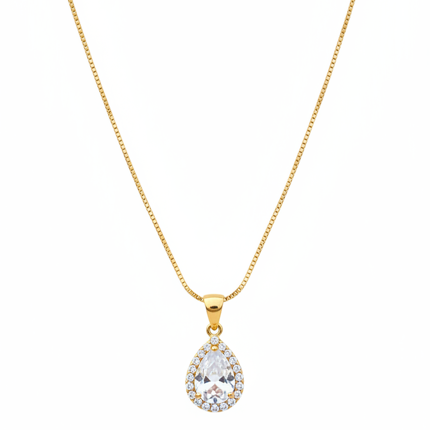 Gold Teardrop Crystal Pendant Necklace - Delicate Chain Necklace