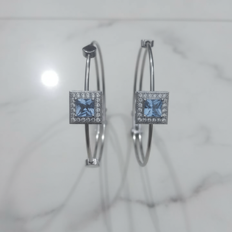 Stainless Steel Blue Square Stone Bangle Pair - Adjustable Crystal Bangles Set