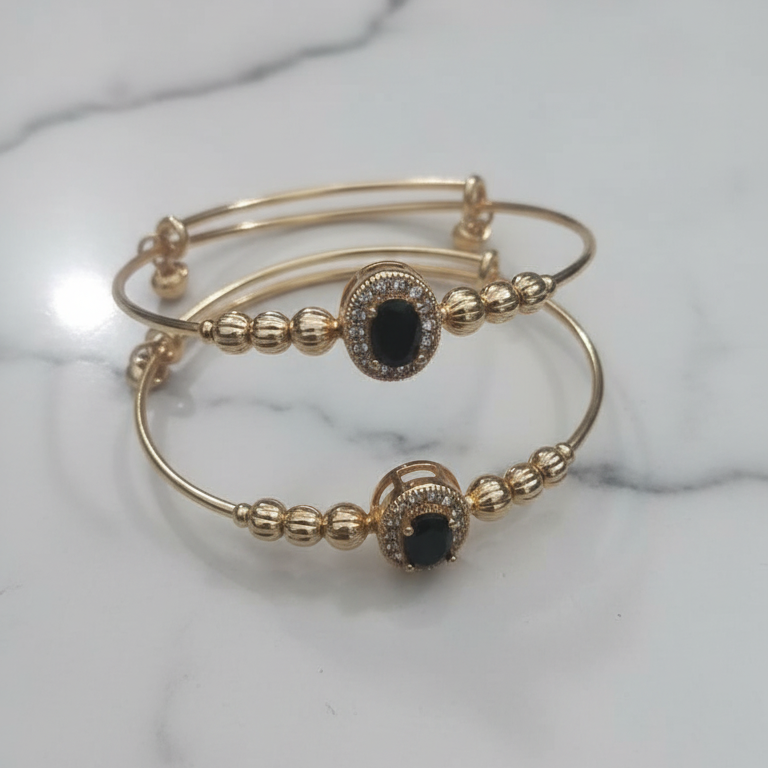 Gold Stainless Steel Black Oval Stone Bangle Pair