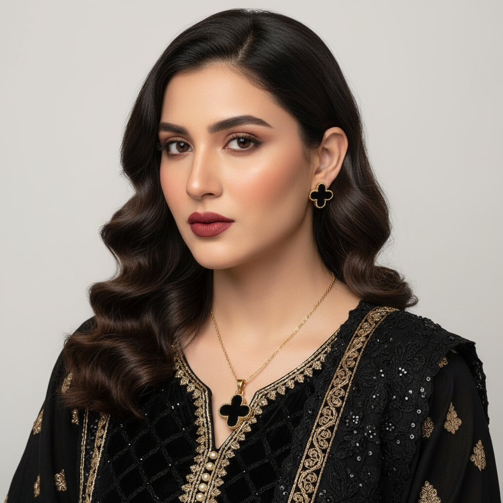 Black Clover Jewelry Set - Gold Necklace & Earrings Collection