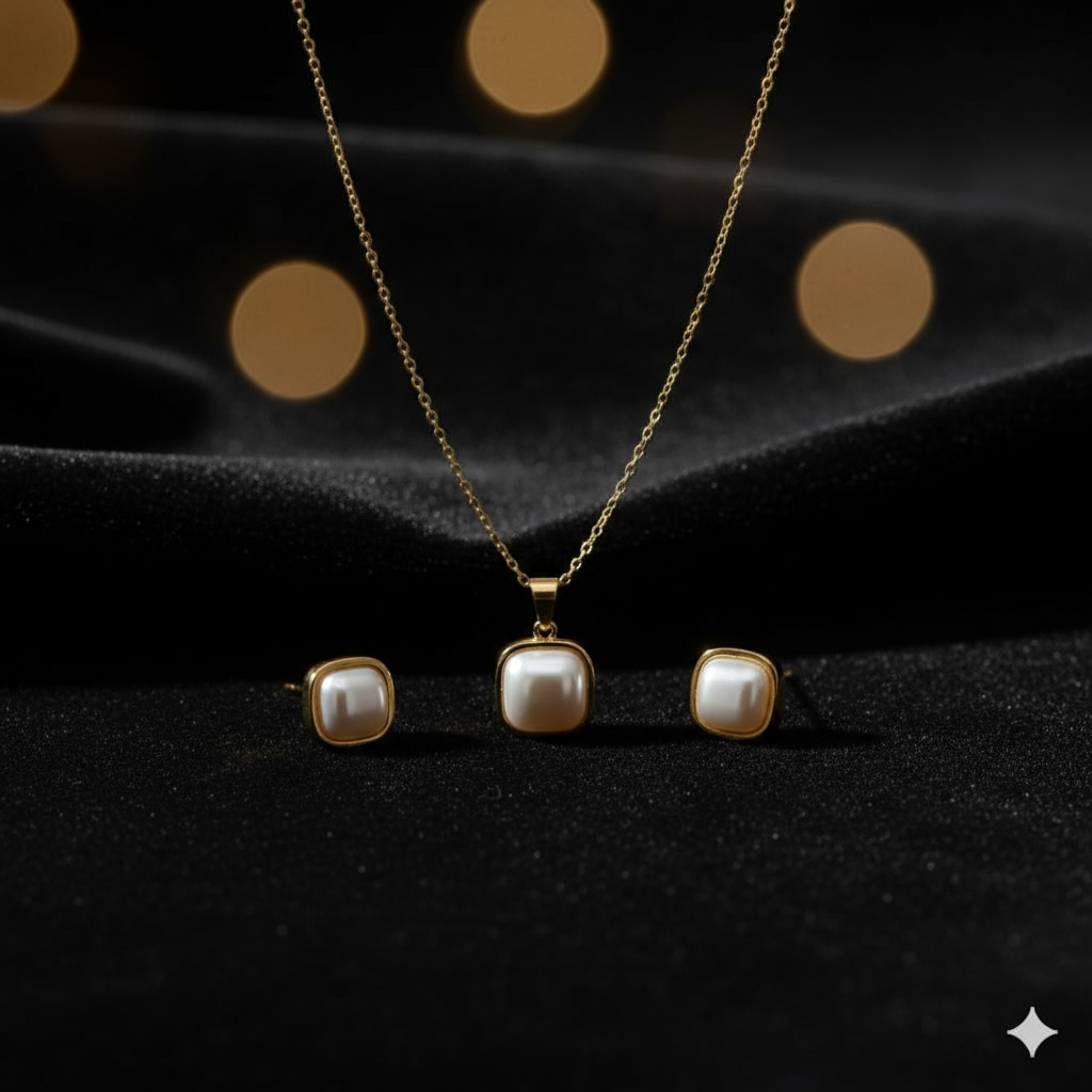 Gold Pearl Jewelry Set - Necklace & Earrings