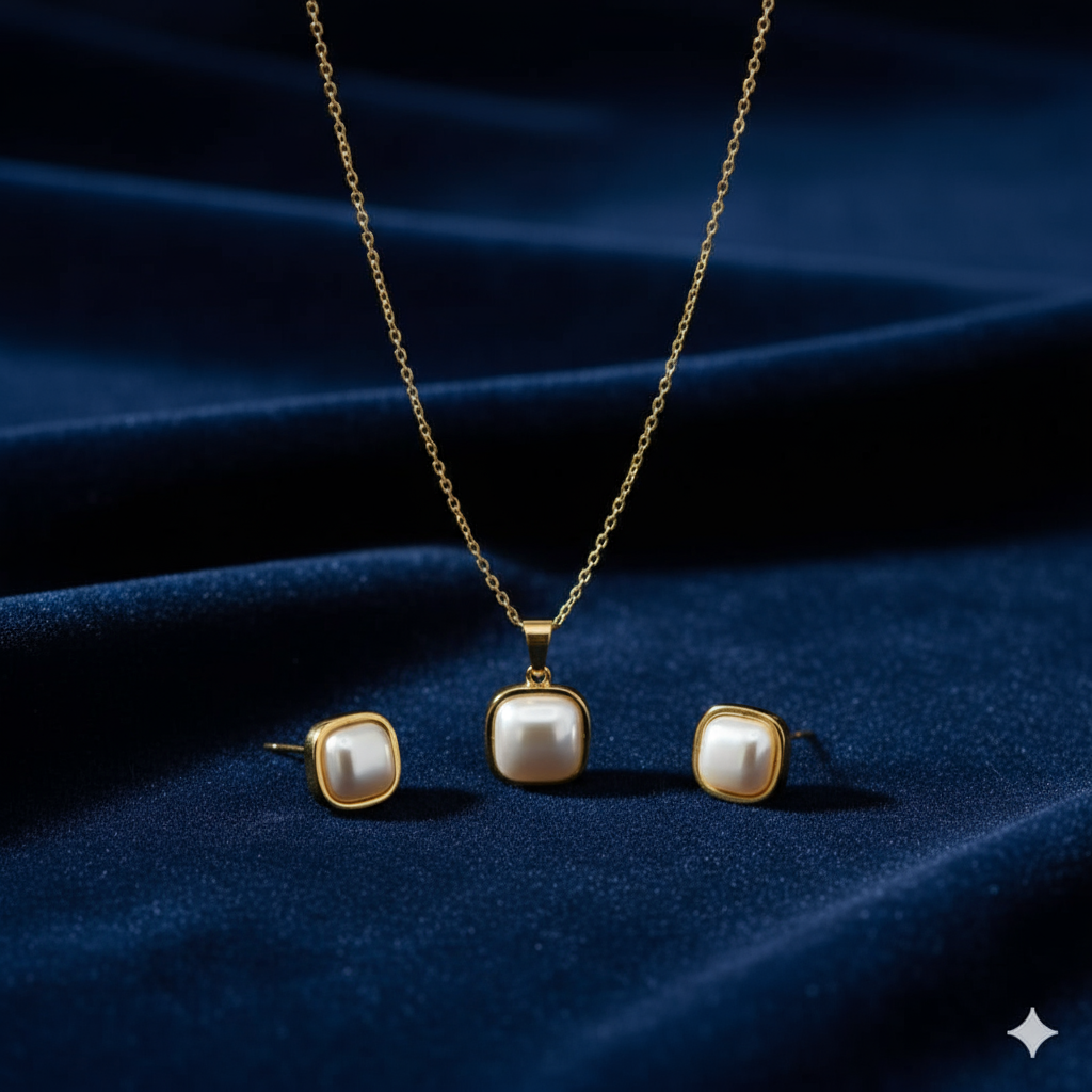 Gold Pearl Jewelry Set - Necklace & Earrings