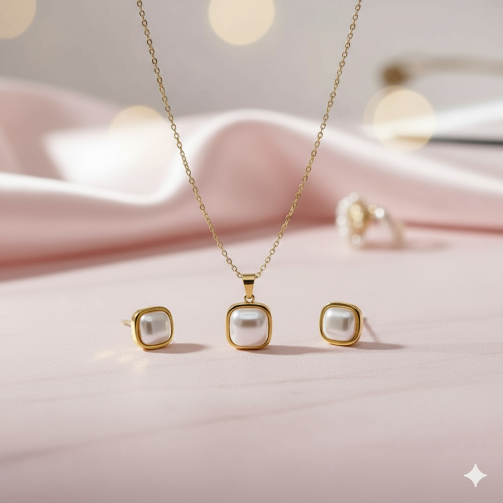 Gold Pearl Jewelry Set - Necklace & Earrings