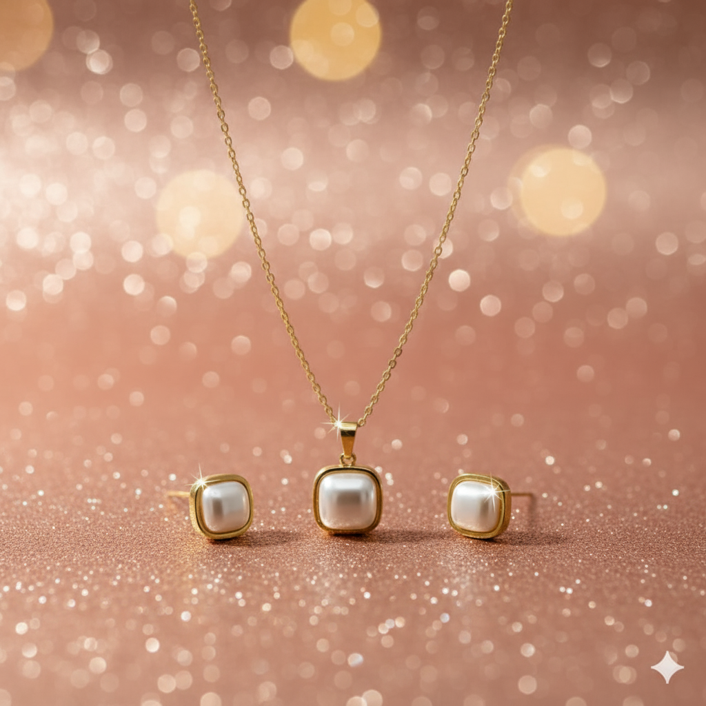 Gold Pearl Jewelry Set - Necklace & Earrings