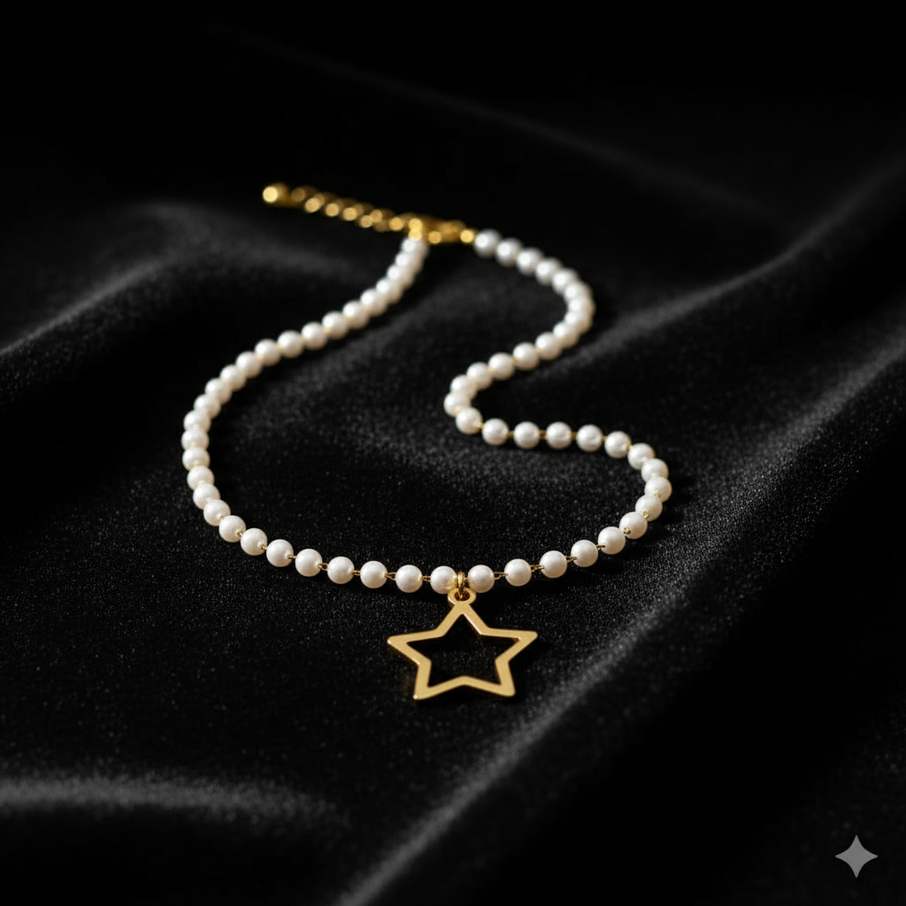 Gold Star Pendant Pearl Necklace - Delicate Beaded Chain