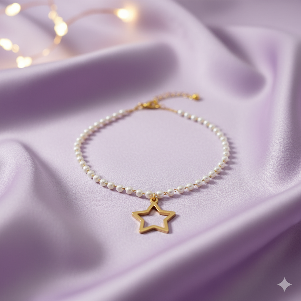 Gold Star Pendant Pearl Necklace - Delicate Beaded Chain