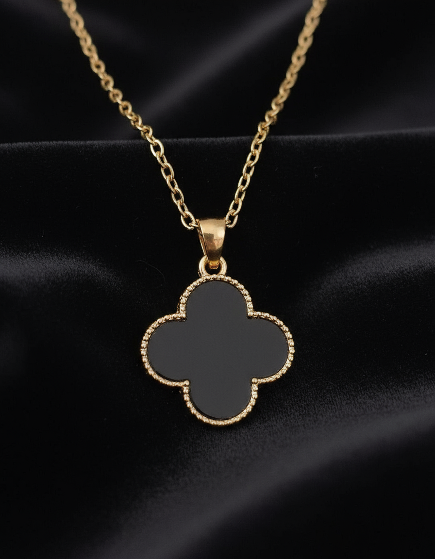 Black Clover Jewelry Set - Gold Chain Necklace with Quatrefoil Pendant & 8 Stud Earrings