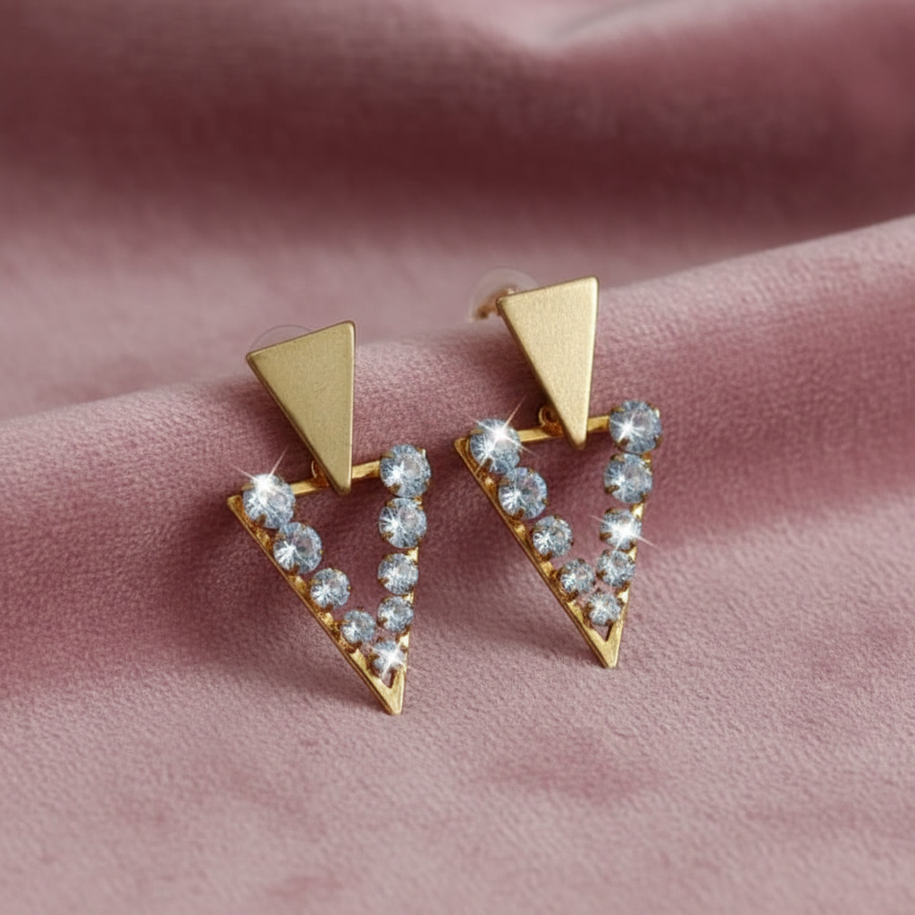 Gold Triangle Earrings with Crystal Rhinestones - Statement Drop Earrings for Women