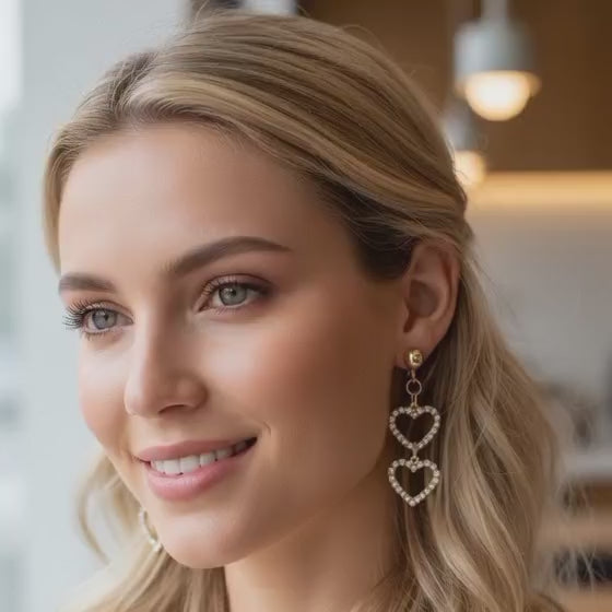 Gold Double Heart Drop Earrings with Crystal Stones