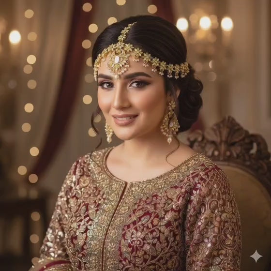 Elegant Pearl & Green Stone Matha Patti