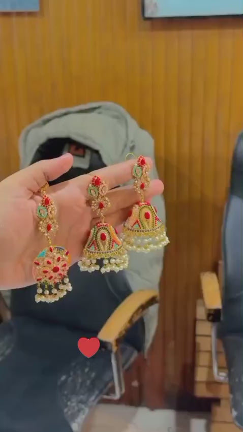 "Gold Jhumka and Tikka Set with Colorful Gemstones