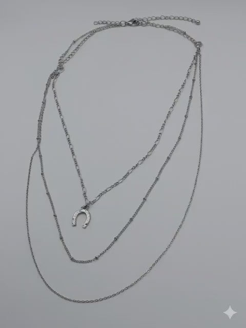 Layered Silver Necklace with Horseshoe Charm - 3 Layer Chain Necklace for Women