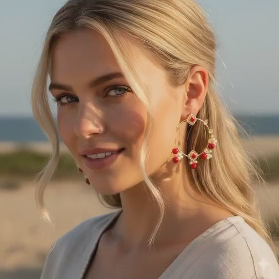 Gold Hoop Earrings with Red Beads and Pearls - Traditional Pakistani Jewelry
