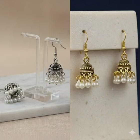 Traditional Jhumka Earrings with Pearl Beads - Gold & Silver
