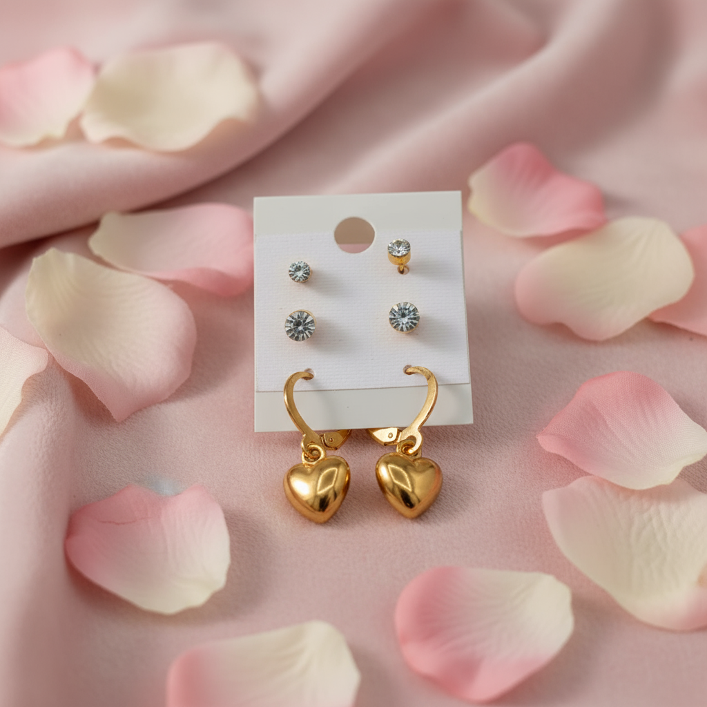 Gold Heart Hoop Earrings Set with Crystal Studs - 3 Pairs