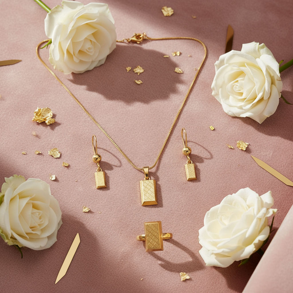 Gold Geometric Pendant Necklace with Earring & Ring Set
