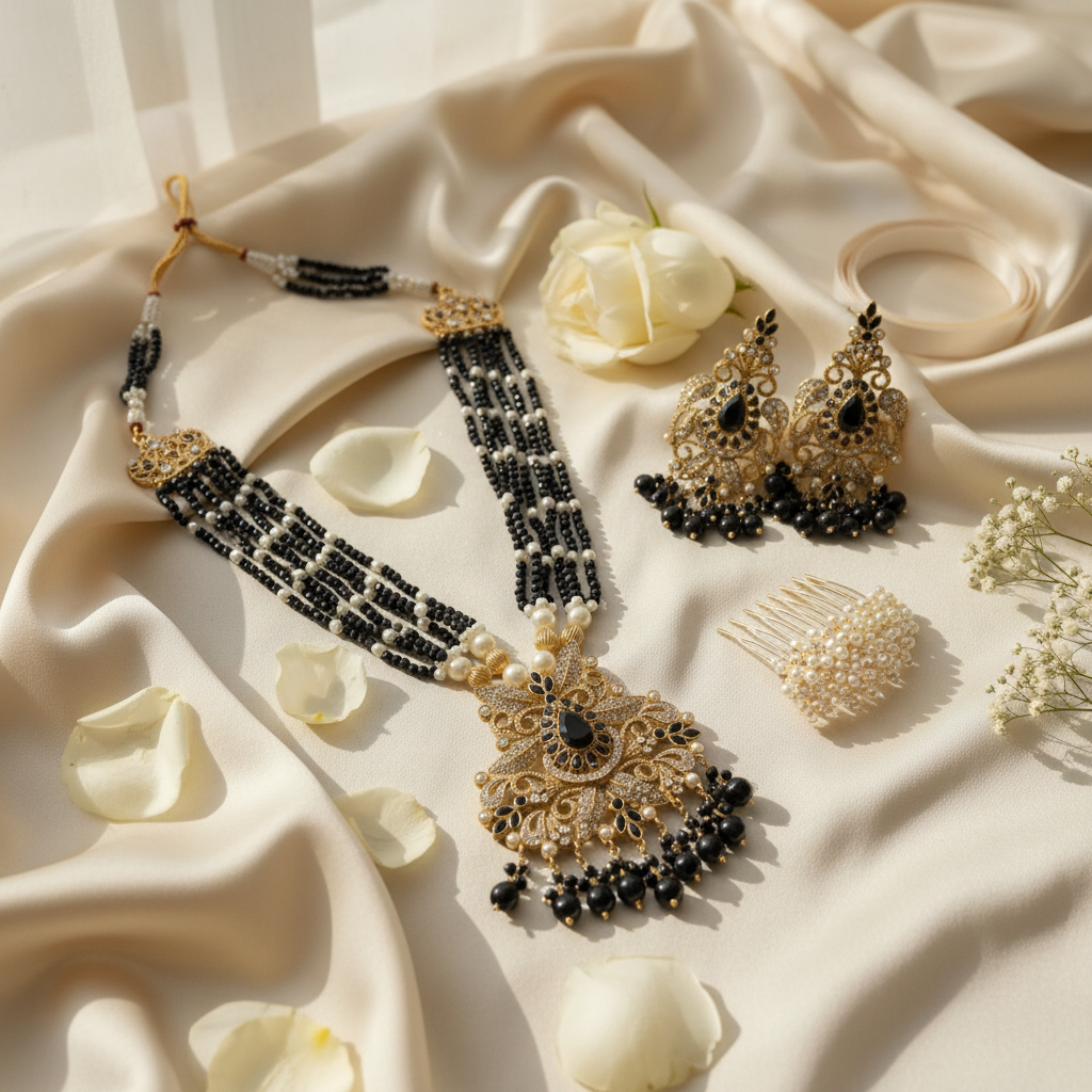 Black & White Bridal Jewelry Set with Matha Patti - Gold Filigree Pearl & Bead