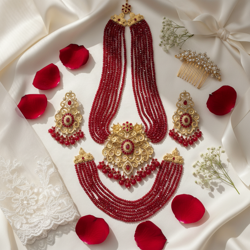Red Bridal Jewelry Set with Matha Patti - Gold Filigree & Ruby Accents