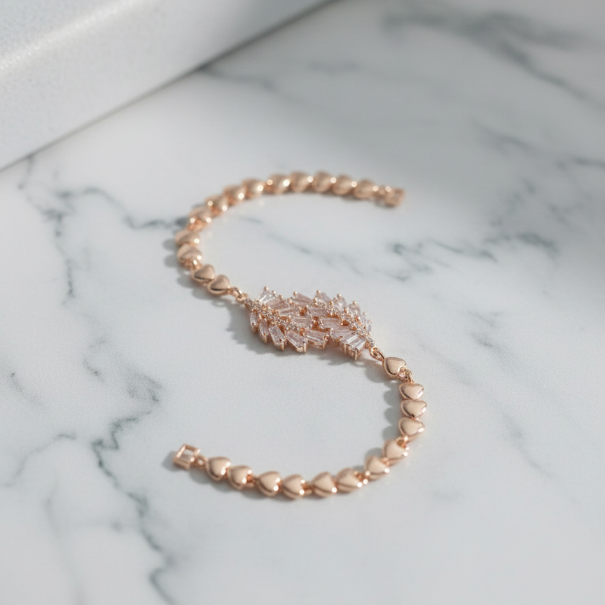 Gold Crystal Fan Bracelet with Heart - Luxury Statement Jewelry