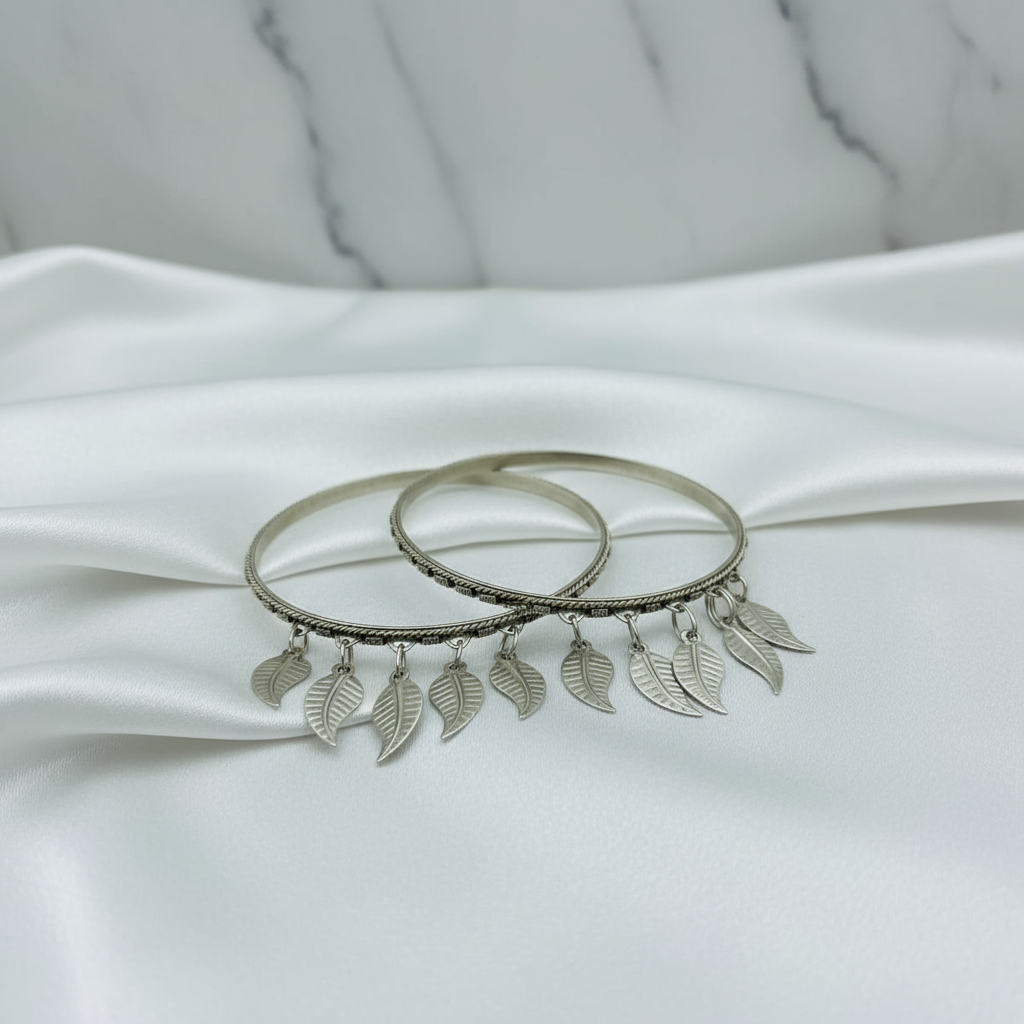 Handcrafted Stainless Steel Bangles with Leaf