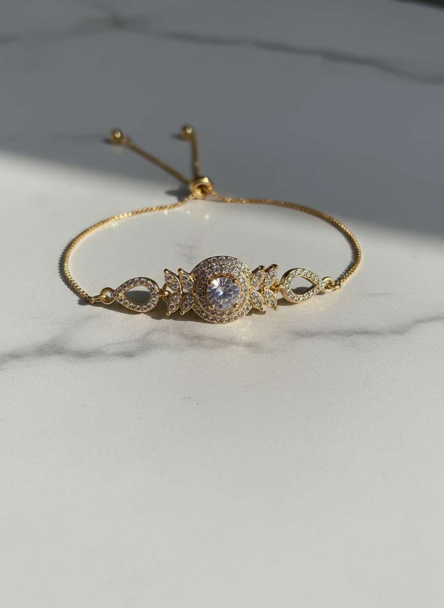 Gold Crystal Floral Bracelet - Adjustable Chain with Sparkling Centerpiece