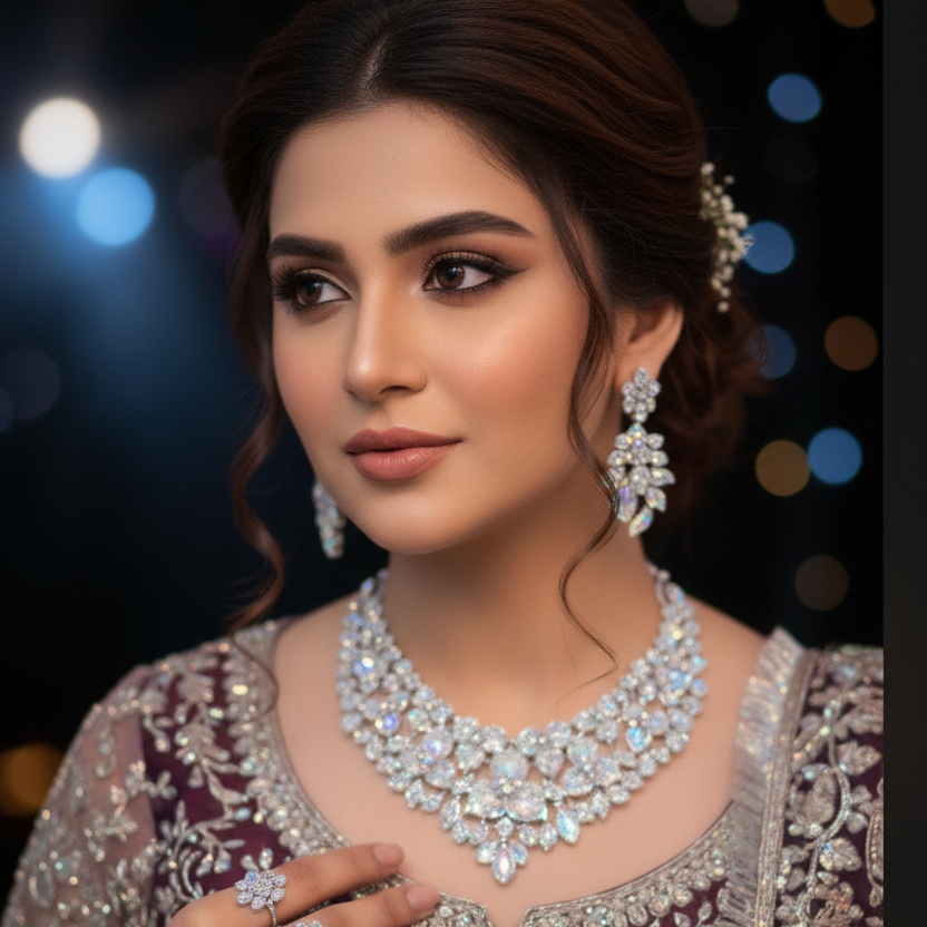 Bridal Jewelry Set Silver - Necklace Earrings Rings | Pakistani Wedding Jewelry